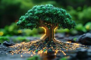 Digital tree emerging from a circuit board landscape. photo
