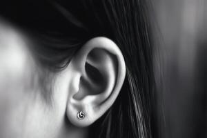 Intricate earring shines against a soft background. photo