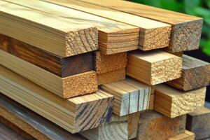Stacked timber beams ready for crafting in the workshop. photo
