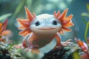 Unique axolotl exploring a vibrant underwater world. photo