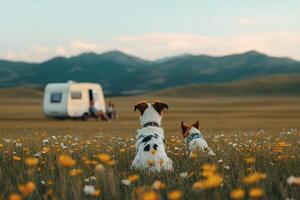 Two dogs enjoy a sunny day at a camping site. photo