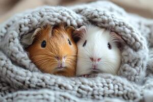 Two adorable guinea pigs snuggled in a cozy blanket. photo