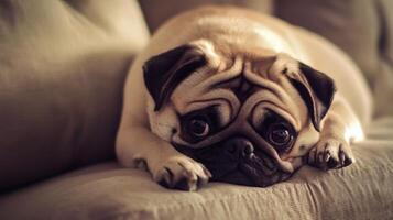 Pug resting on cozy sofa with a thoughtful gaze. photo