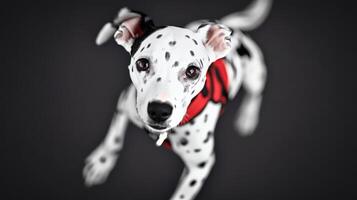 Dalmatian puppy playing with enthusiasm in indoor setting. photo