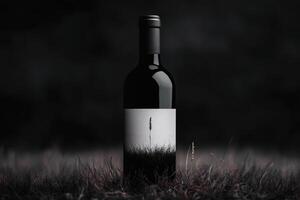 Dark elegance of a wine bottle in moody nature setting at dusk. photo