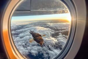 Eagle gliding through clouds at sunset from an airplane window view. photo