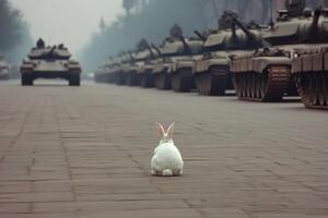 White rabbit stands still before advancing tanks on a quiet street. photo