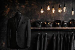 Elegant tailored suit display in a modern boutique setting. photo