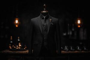 Elegant suit displayed under warm lighting in a sophisticated setting. photo