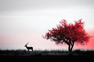 Stag silhouettes against a striking red tree at twilight. photo