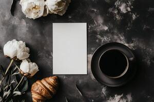 Fresh coffee and pastries with flowers on the rustic table. photo