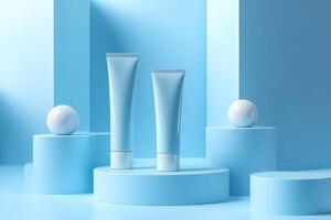 Soft blue skincare display with elegant cream tubes and ceramic spheres. photo
