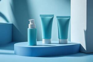 Bright blue cosmetic products elegantly arranged on a minimalistic backdrop. photo