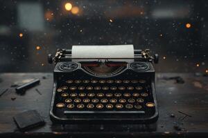 Vintage typewriter sits on a rustic desk as snowflakes gently fall. photo