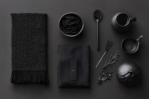 Chic monochrome kitchenware displayed on a dark backdrop in a stylish setting photo