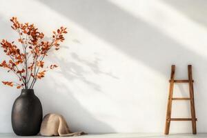 Creative arrangement of autumn branches and rustic ladder in soft sunlight. photo