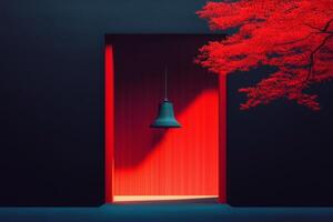 Vibrant red entrance with bell and autumn foliage in a tranquil setting. photo