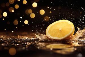 Refreshing lemon slice splashing in shimmering water with golden bokeh. photo
