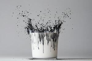 Creative splash of black paint merging with white liquid in artistic display. photo