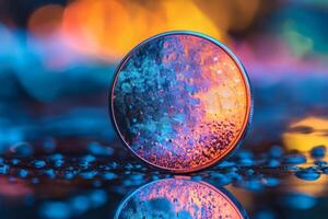 Vibrant reflections on a circular surface amidst a dazzling backdrop at night. photo