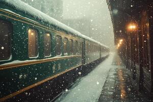 Snowfall envelops an old train station as travelers await their journey. photo