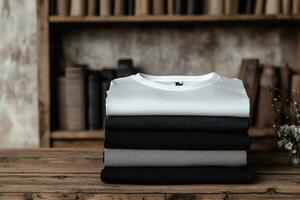 Stack of neatly folded shirts in a cozy, rustic setting with shelves behind. photo