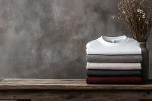 Soft textures and warm hues create a cozy display of folded sweaters on rustic table. photo