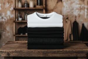 Stylish stack of minimalist clothing in a rustic shop setting. photo