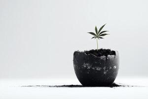 New life sprouts from a cracked pot in a serene, minimalistic environment. photo