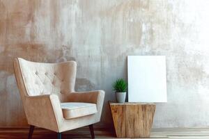 Cozy corner featuring a modern chair and a blank canvas by the wall. photo