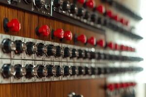 Exploring the intricate controls of an old sound mixing console in a studio. photo