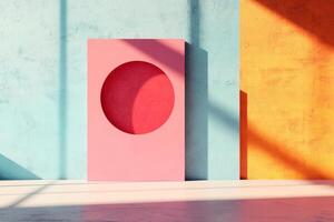 Bright geometric forms create a playful atmosphere in a colorful interior setting. photo