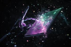 Futuristic robotic hand interacts with vibrant holographic display in outer space. photo
