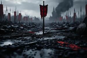 Battlefield of shadows and banners under a stormy sky at dusk. photo