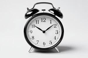 Classic black alarm clock showing time with distinctive bold hands and dial. photo