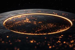 Illuminated ring glows against the cosmic backdrop of a distant celestial body. photo