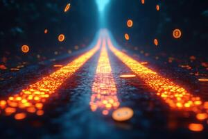 Illuminated path through the forest with floating coins in mystical atmosphere. photo