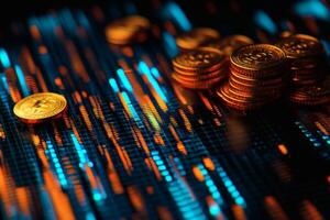 Coins shining bright on a vibrant digital backdrop of blockchain data streams. photo