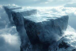 Majestic floating islands suspended in a tranquil sky above the clouds. photo