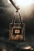 Hanging bag catches the gentle light in a serene forest setting. photo