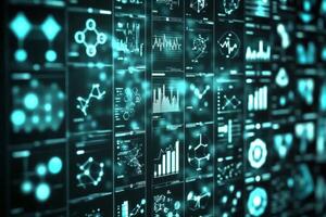 Visual data displays illuminate a futuristic analytical workspace. photo