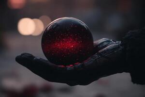 Mysterious orb glimmers in a darkened hand during twilight. photo