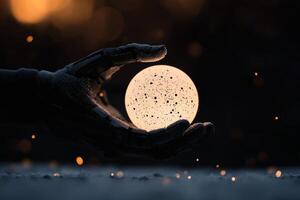 Illuminated orb held gently by a robot hand, blending technology with wonder. photo