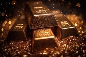 Gold bars gleaming in a cascade of shimmering particles at an evening gala. photo