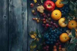 Fresh harvest of vibrant fruits arranged on rustic wooden surface. photo