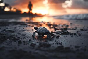 Turtle Hatchling Makes Its Way to the Ocean at Sunset on a Sandy Beach. photo