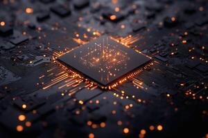 Unique Circuit Board Design With Glowing Elements in a Dark Environment. photo
