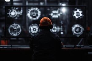 Worker Monitors Machinery Controls With Digital Display in Industrial Setting. photo