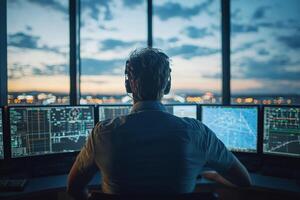 Air Traffic Controller Monitors Multiple Screens During Sunset at Control Tower. photo