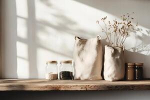 Natural Materials Displayed on a Wooden Shelf in a Bright Indoor Space. photo